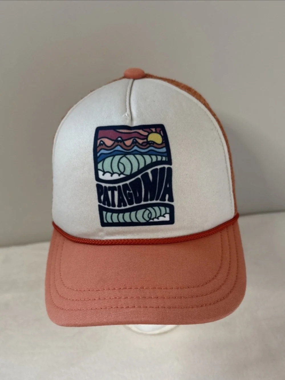 Patagonia Cosmic Peaks Trucker Hat | Orange & White Mountain | Outdoor Retro